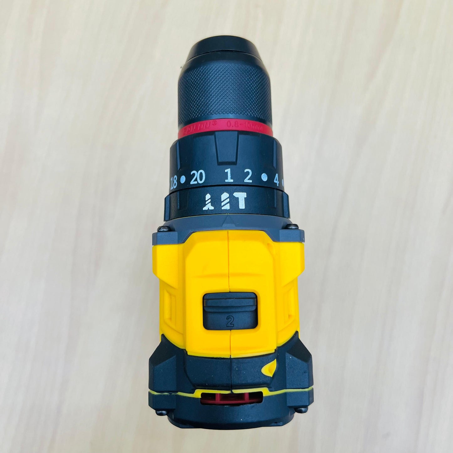 Close-up of DeWalt brushless drill head and ergonomic grip