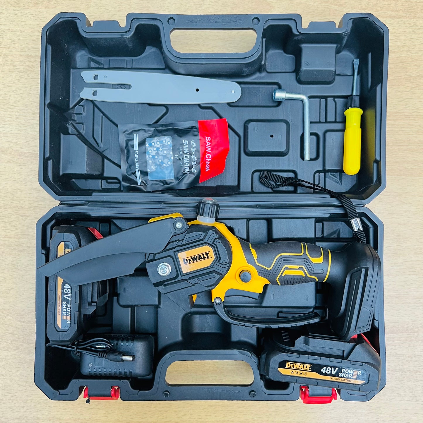 DEWALT 48V Cordless Mini Chainsaw with 2 Batteries & Carry Case – Portable Electric Pruning Saw for Home & Garden
