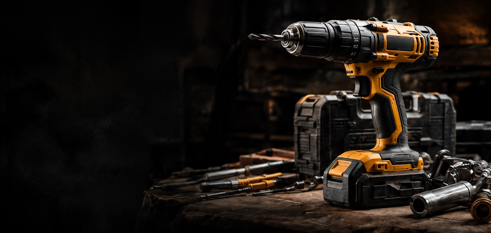 Cordless drill and tools on a workshop bench