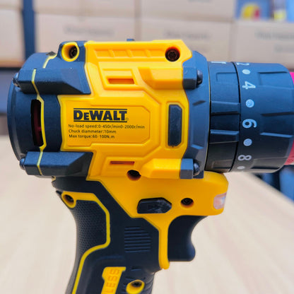 DeWalt cordless drill with yellow and blue design on a neutral background