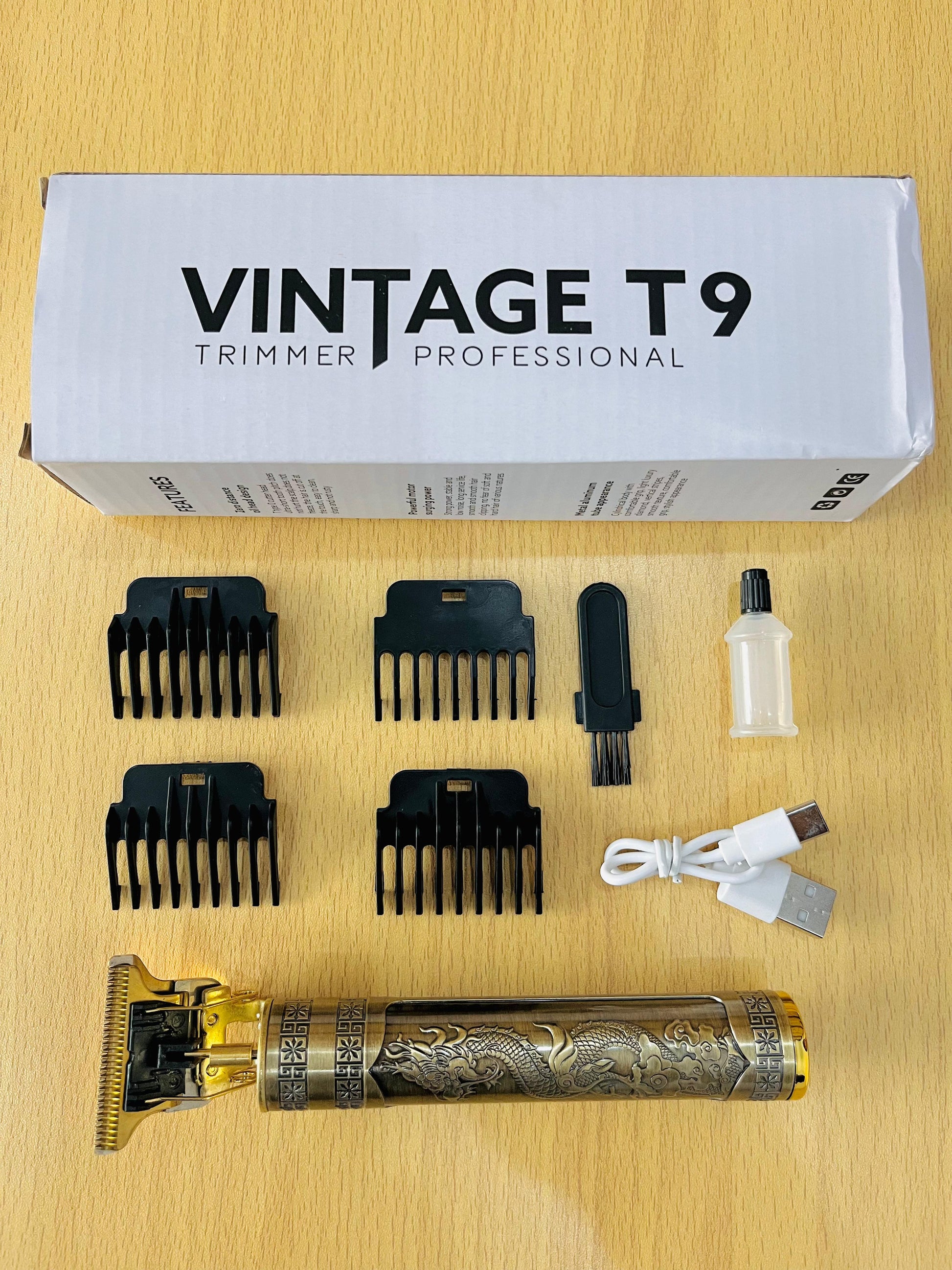BZB Vintage T9 rechargeable trimmer kit with combs, cleaning brush, and USB cable