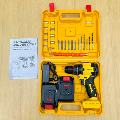 Dewalt cordless driver drill set with accessories and manual on a wooden surface