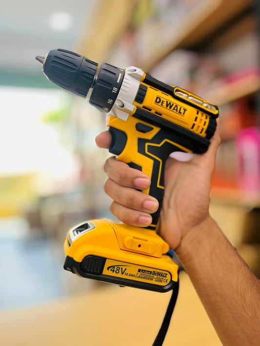 DEWALT 48V Cordless Lithium Drill Machine – 2 Batteries, 10mm Chuck, 18+1 Torque Settings, Complete Tool Kit
