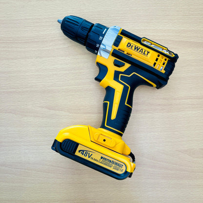 DEWALT 48V Cordless Lithium Drill Machine – 2 Batteries, 10mm Chuck, 18+1 Torque Settings, Complete Tool Kit