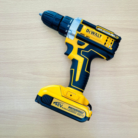 DEWALT 48V Cordless Lithium Drill Machine – 2 Batteries, 10mm Chuck, 18+1 Torque Settings, Complete Tool Kit