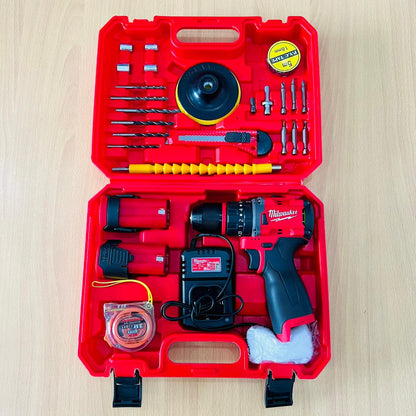 Milwaukee Cordless Drill Machine Set – 2 Batteries, Charger & 32pcs Tool Kit | Powerful & Portable DIY Combo