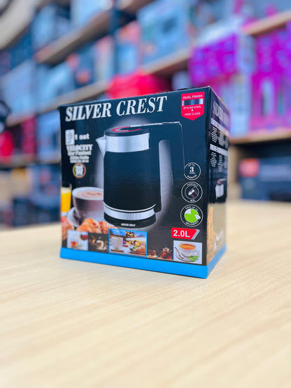Silver Crest 2.0L Electric Kettle – 2000W High-Speed Stainless Steel & Glass Design, Auto Shut-Off, Fast Boiling