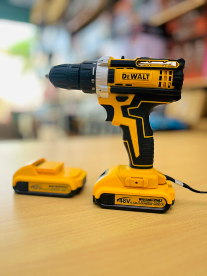 DEWALT 48V Cordless Lithium Drill Machine – 2 Batteries, 10mm Chuck, 18+1 Torque Settings, Complete Tool Kit