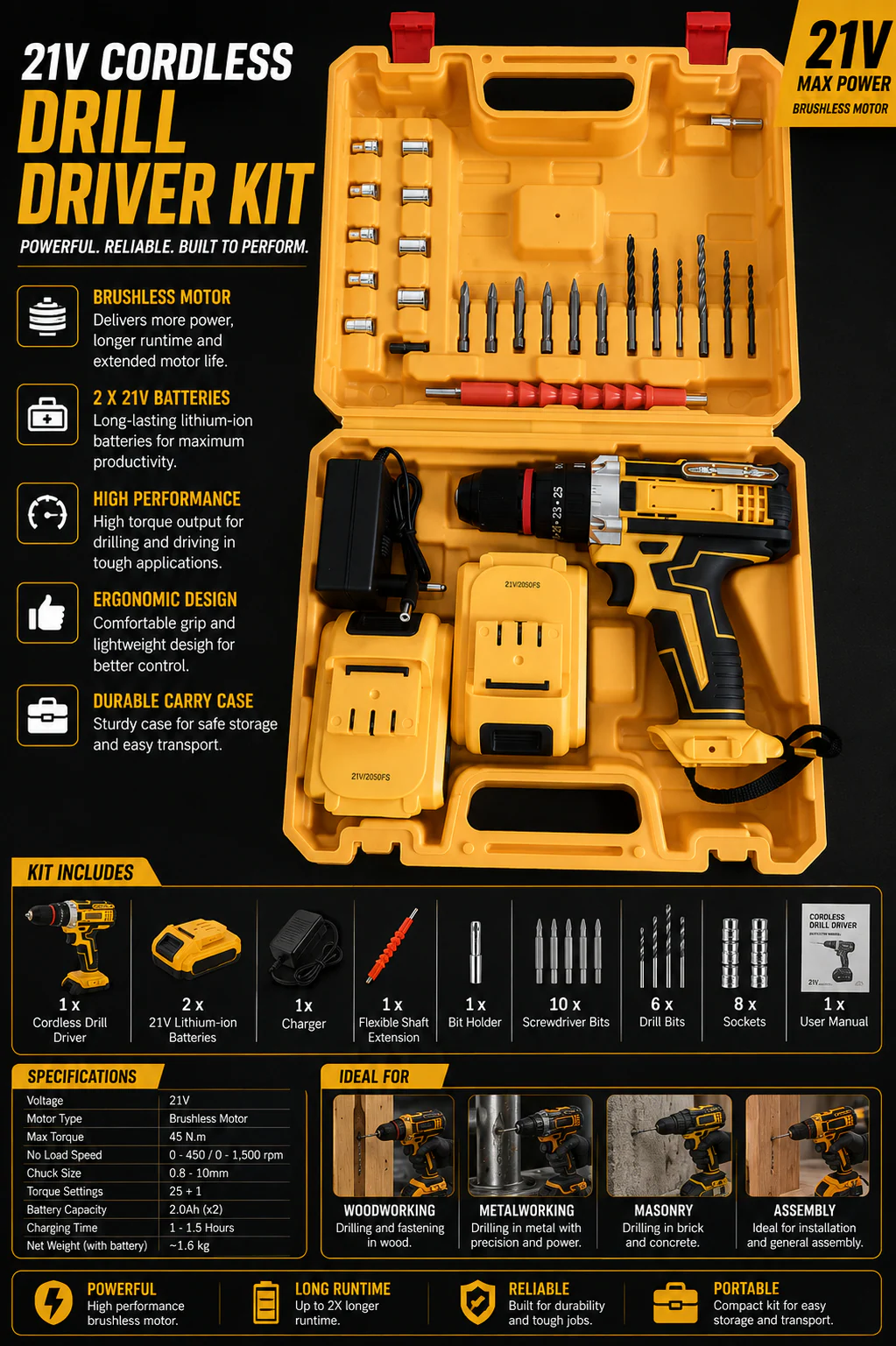 Cordless Drill Machine Kit – Dual Battery & Full Accessories Set